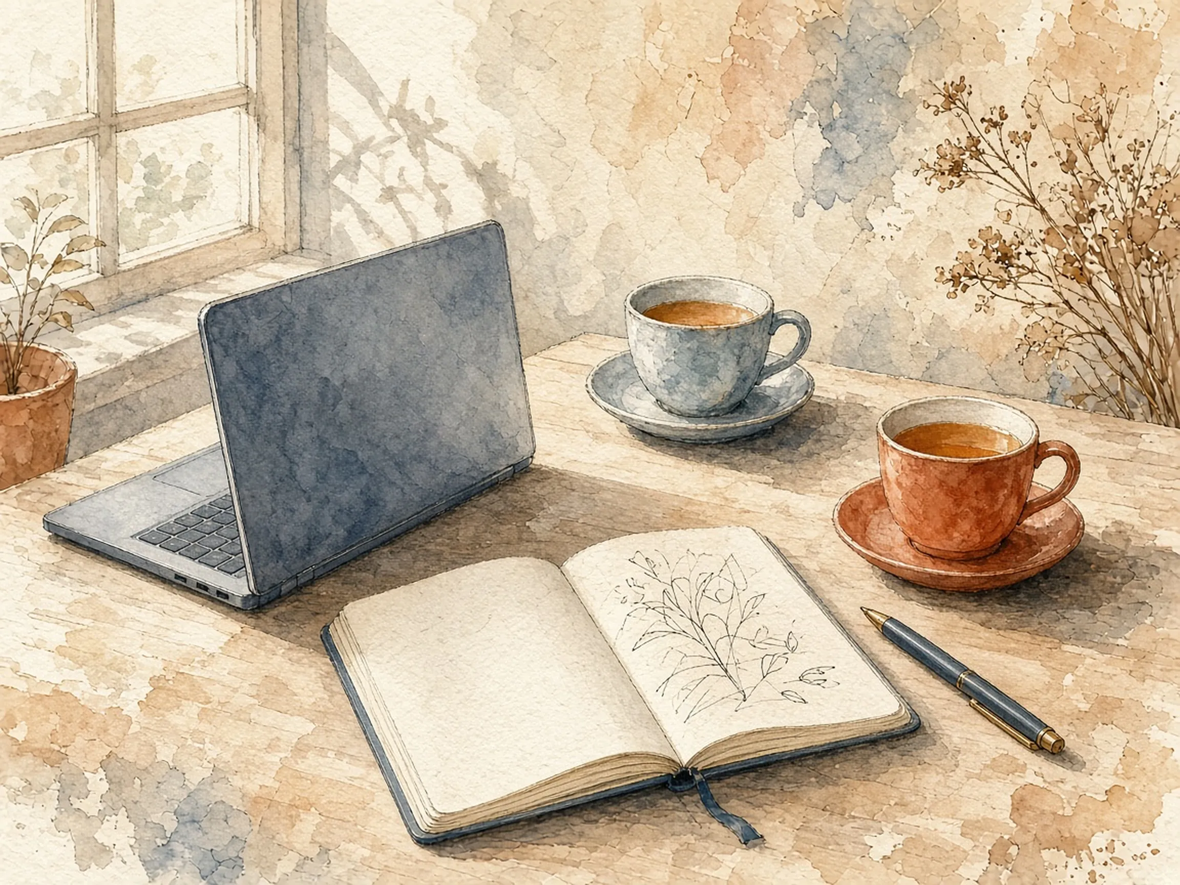 パソコンとノート、二つのお茶が置かれた相談のテーブルのイラスト