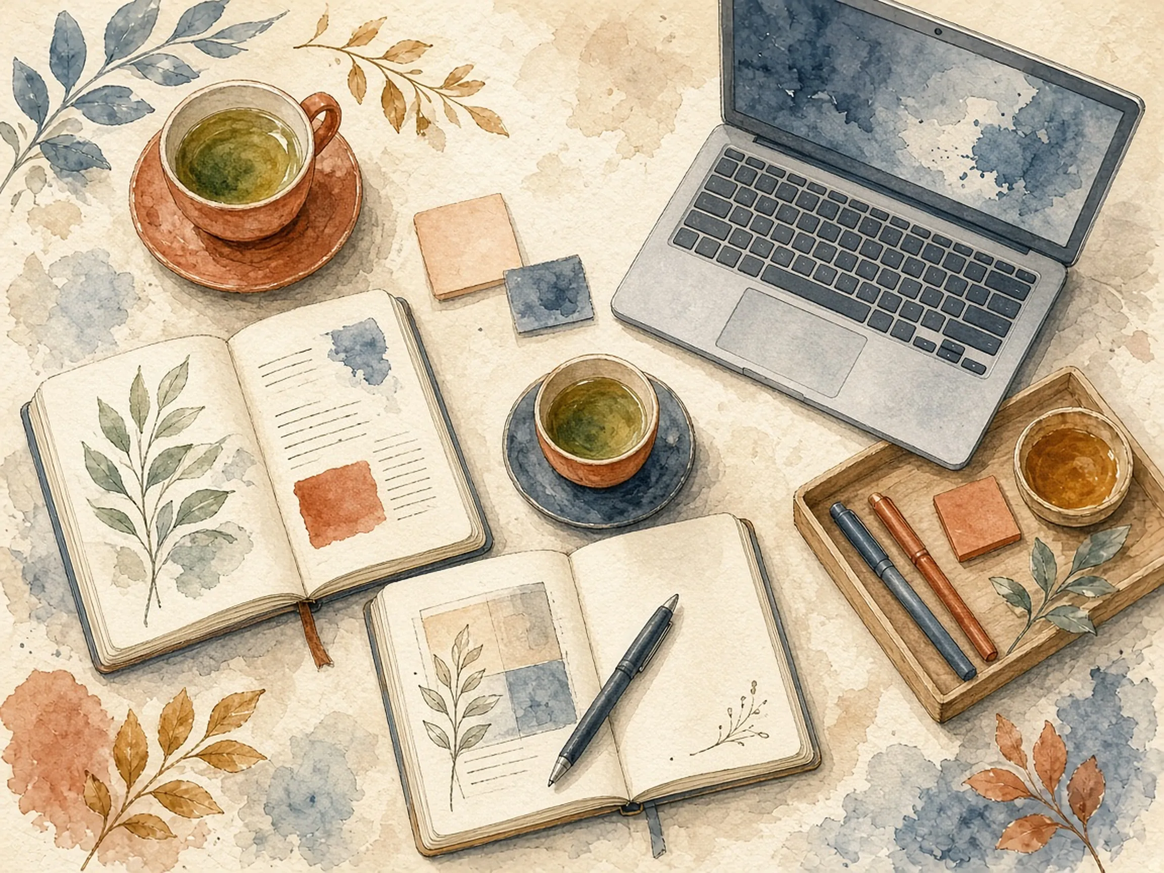 ノートとパソコン、お茶が並ぶ勉強会のテーブルのイラスト